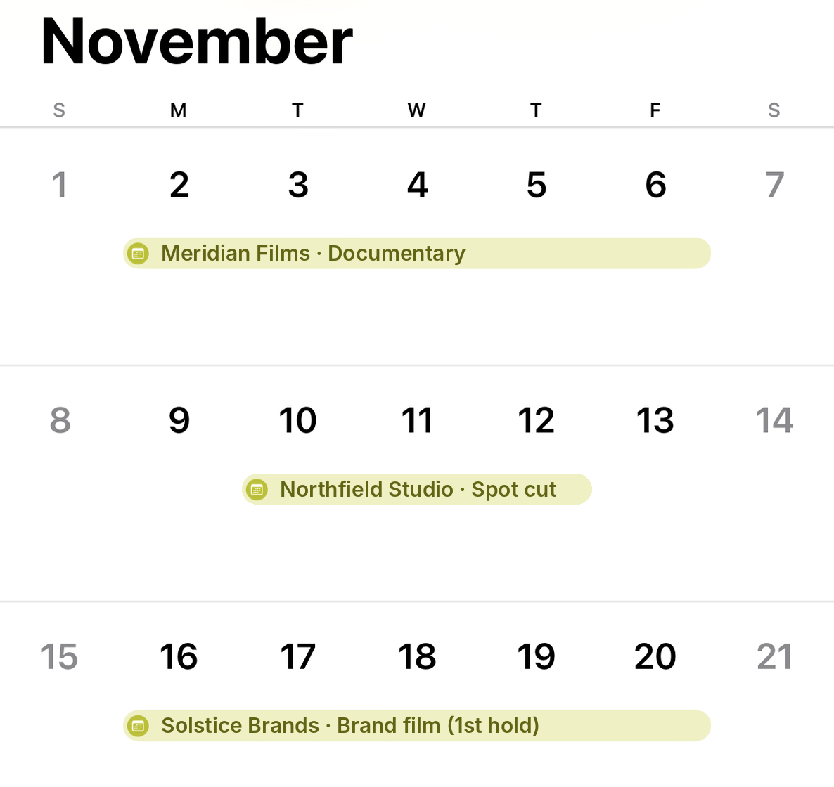 Apple Calendar on a phone showing the same bookings from BKKD in November.